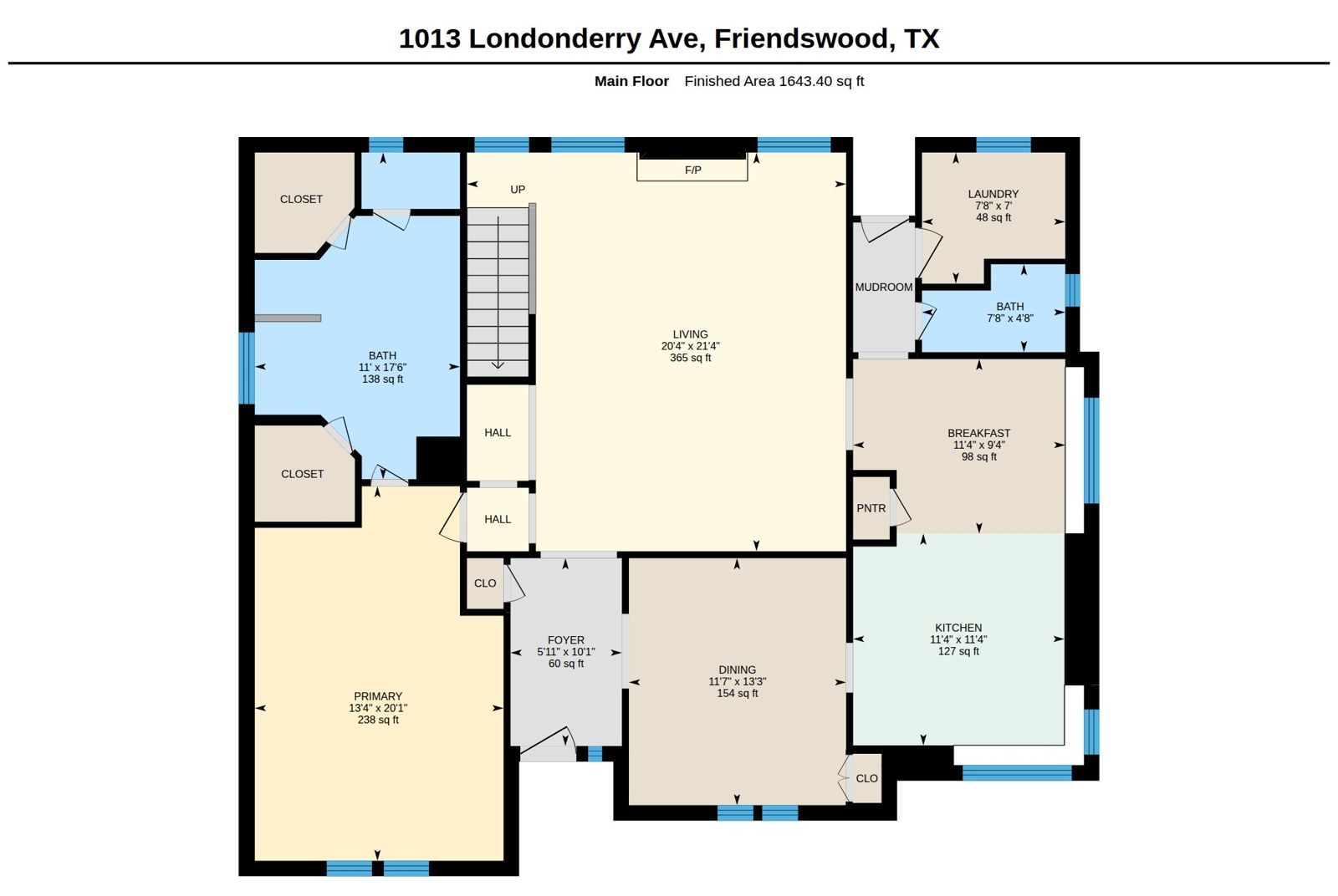 Floor plan of 1013 Londonderry Ave, Friendswood, TX, main floor, 1,643 sq ft, with room sizes