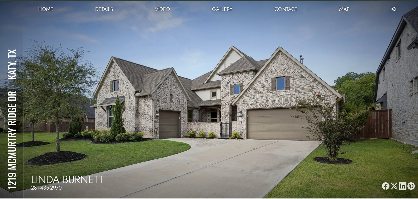 Property website for 1219 McMurtry Ridge Dr, Katy, TX, with menu for details, video, gallery, contact and map